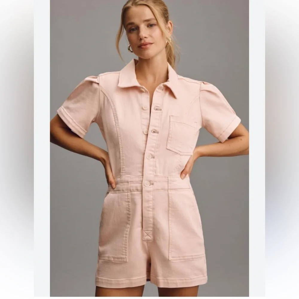 ANTHROPOLOGIE PILCRO PUFF SLEEVE PETAL PINK BUTTON FRONT ROMPER SIZE 8 - Picture 2 of 10